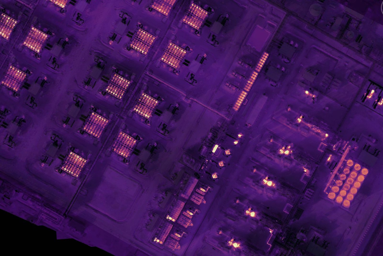 Radiometric thermal capture of an LNG facility showing heat signatures